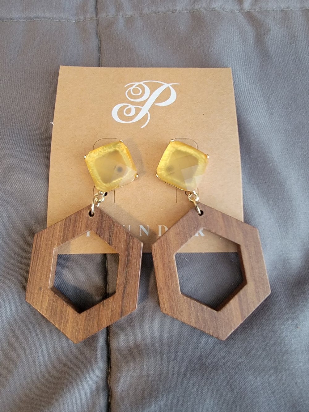 Plunder "ALTEA" Hexagon Wood & Yellow Gem Drop Earrings